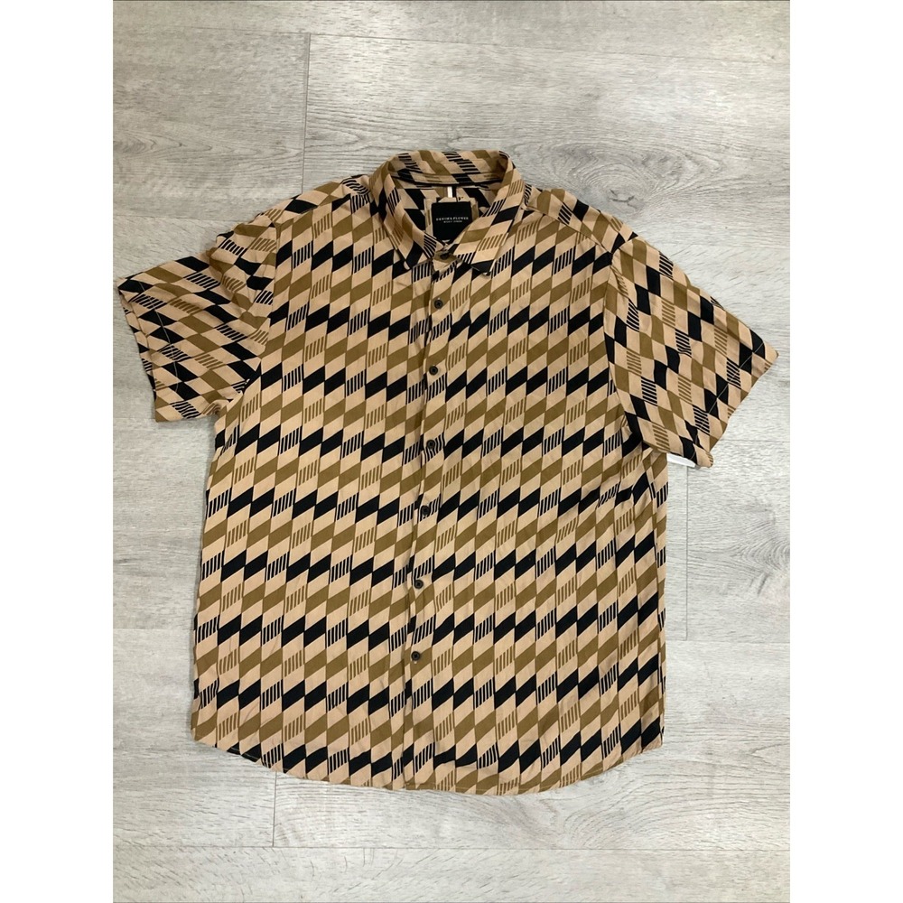 Denim And Flower Men's Short Sleeve Button Up Black Brown Striped Large 42 Rayon